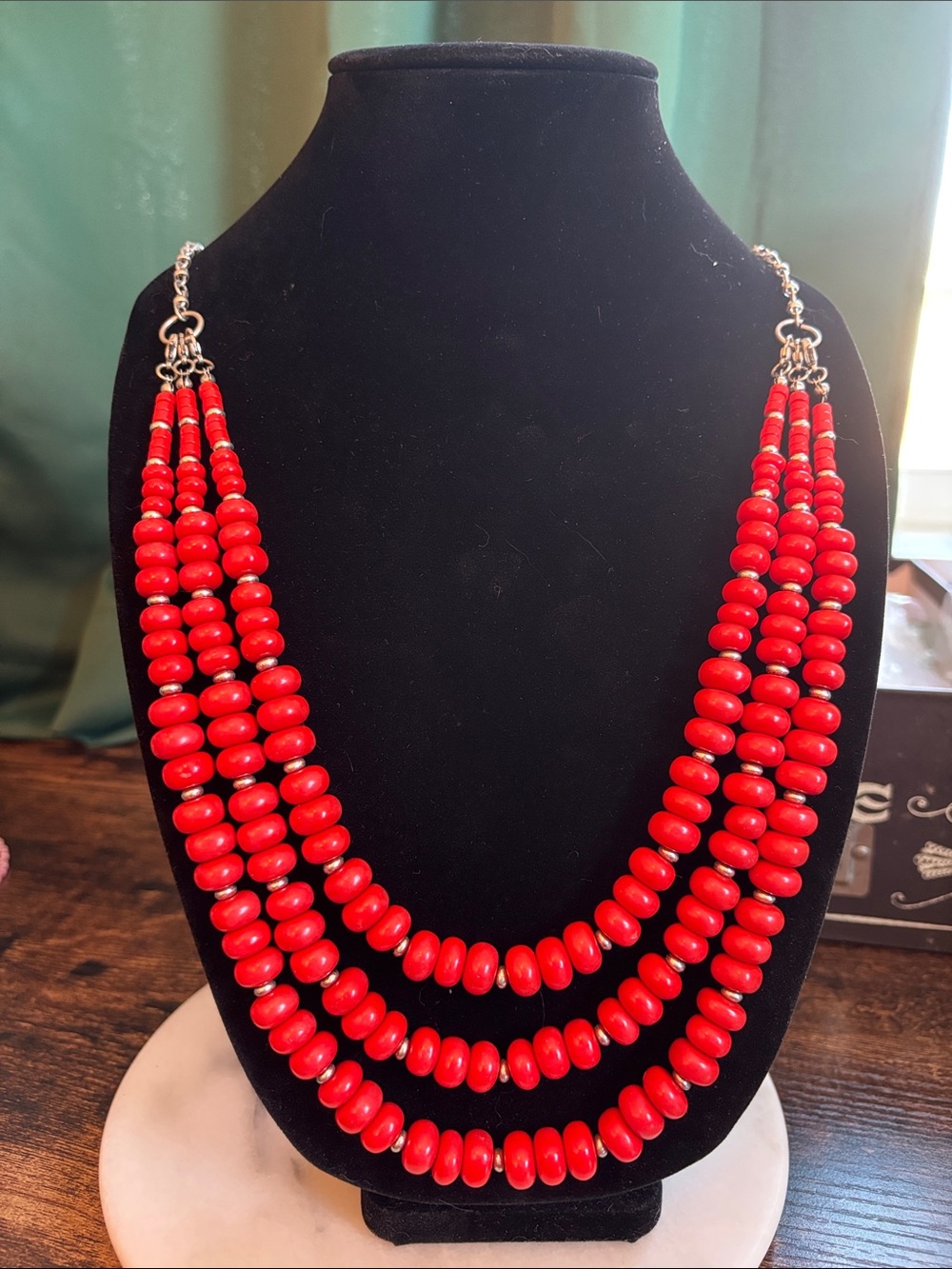 Premier Designs Bright Red Three-Strand Beaded Necklace